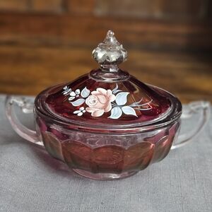 Westmoreland Hand Painted, Signed Red Glass Candy Dish with Floral Design